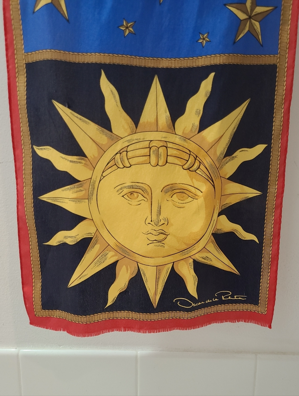 Oscar de la Renta Vintage Oblong Scarf Blue/Red/Yellow Celestial Print - Picture 7 of 10